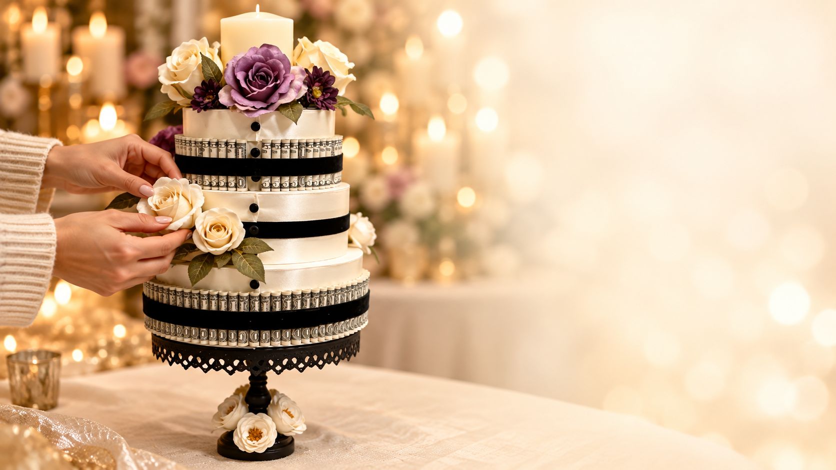 Hands placing a cream rose on an ivory and black money cake