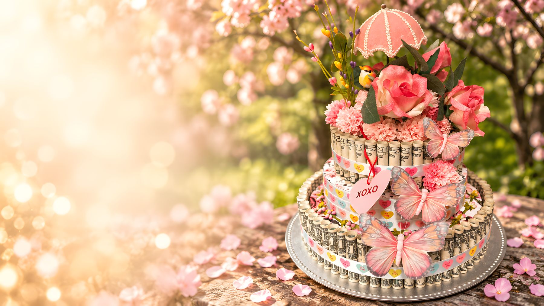 Pink money cake with roses, butterflies and an XOXO heart